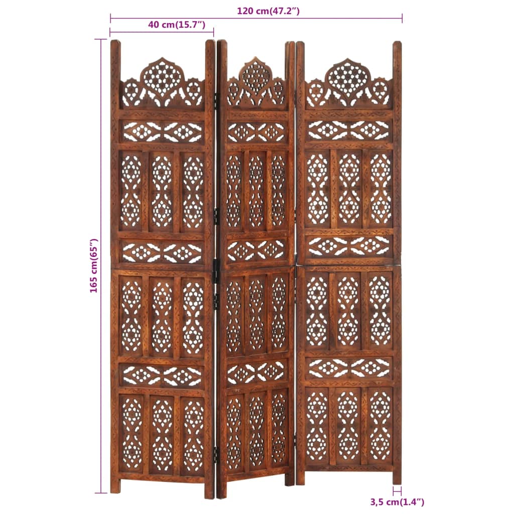 Hand Carved 3-Panel Room Divider Brown 120x165 cm Solid Mango Wood