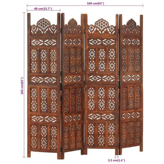 Hand carved 4-Panel Room Divider Brown 160x165 cm Solid Mango Wood