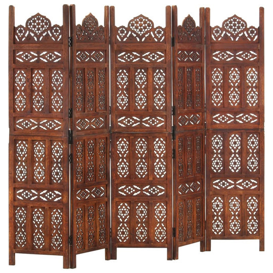 Hand carved 5-Panel Room Divider Brown 200x165 cm Solid Mango Wood