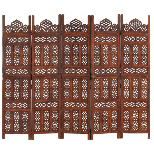 Hand carved 5-Panel Room Divider Brown 200x165 cm Solid Mango Wood