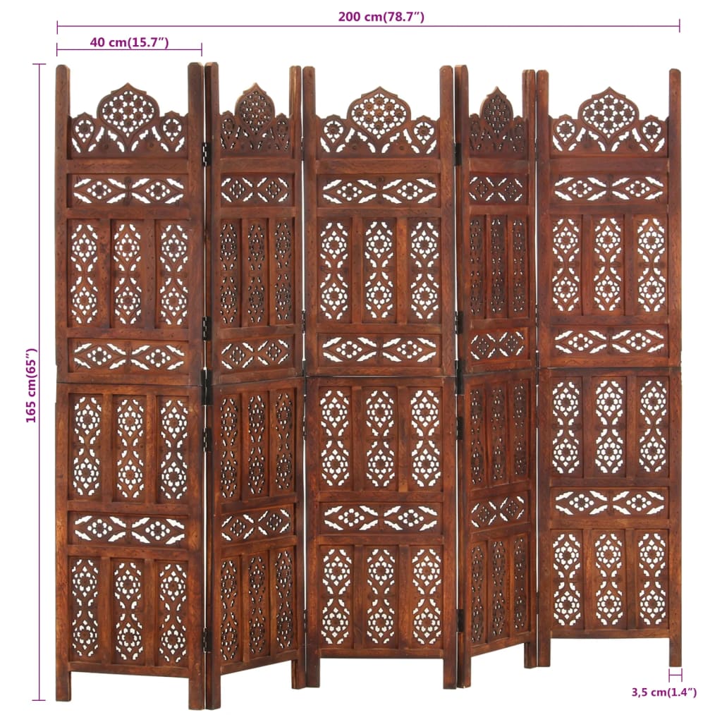 Hand carved 5-Panel Room Divider Brown 200x165 cm Solid Mango Wood