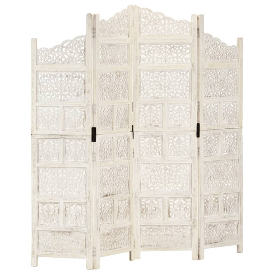 Hand carved 4-Panel Room Divider White 160x165 cm Solid Mango Wood