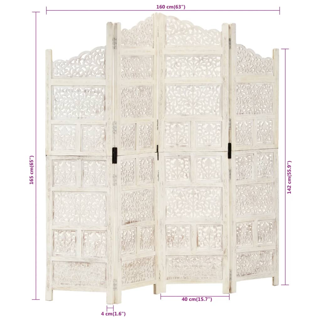 Hand carved 4-Panel Room Divider White 160x165 cm Solid Mango Wood