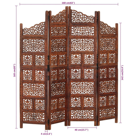 Hand carved 4-Panel Room Divider Brown 160x165 cm Solid Mango Wood