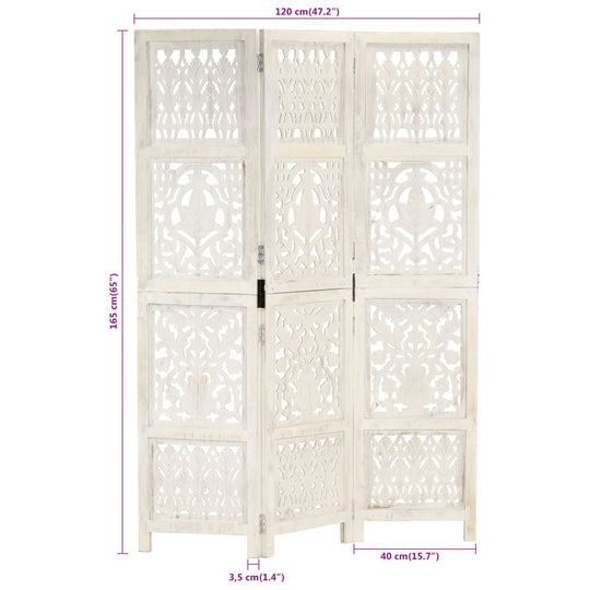 Hand Carved 3-Panel Room Divider White 120x165 cm Solid Mango Wood