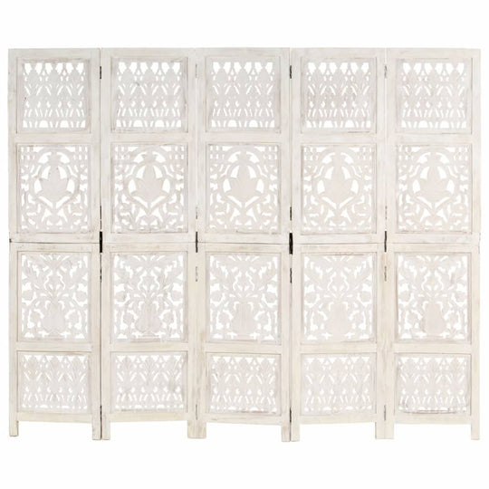 Hand carved 5-Panel Room Divider White 200x165 cm Solid Mango Wood