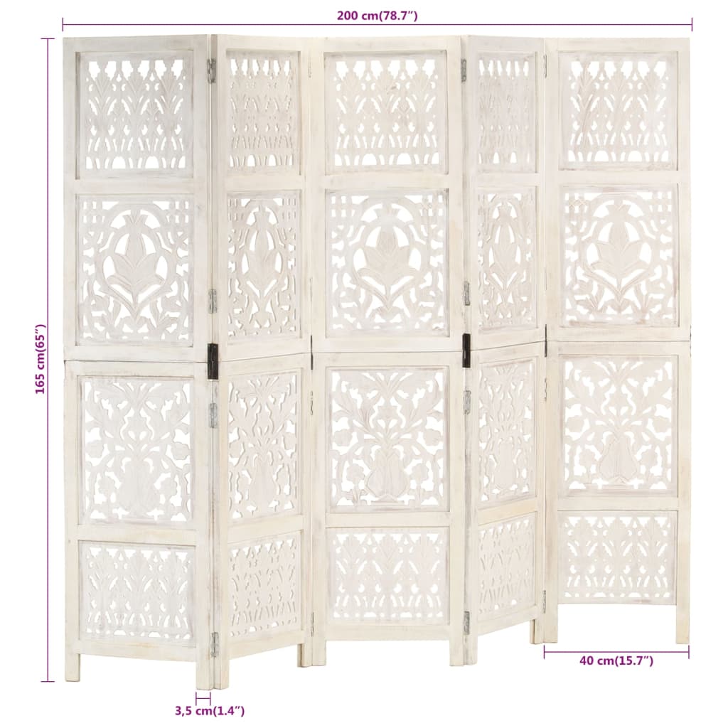 Hand carved 5-Panel Room Divider White 200x165 cm Solid Mango Wood