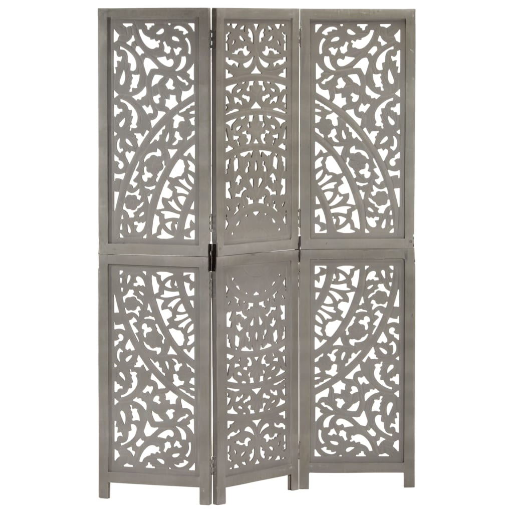 Hand carved 3-Panel Room Divider Grey 120x165 cm Solid Mango Wood