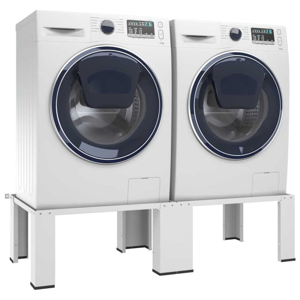 Double washing and drying machines on sturdy white pedestal, offering affordable quality and ergonomic height for easy laundry access.