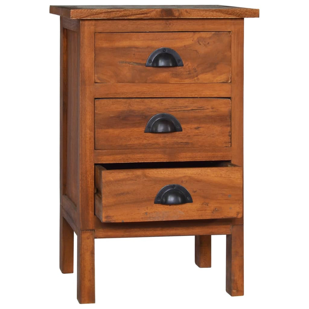 Affordable quality bed cabinet in solid teak wood with three drawers, mid-century modern design, and finished shell handles for value and charm.