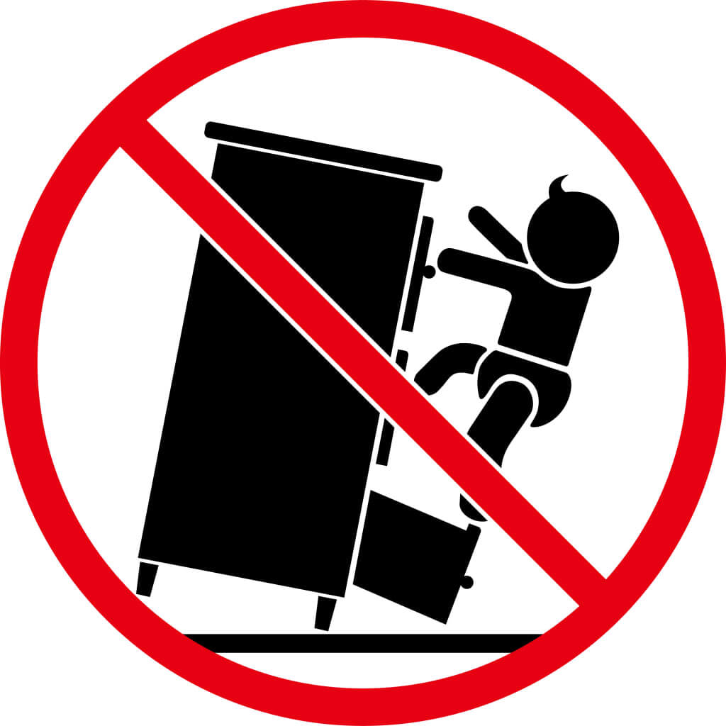 Safety warning sign with a child climbing on an unstable cabinet inside a red prohibition circle.