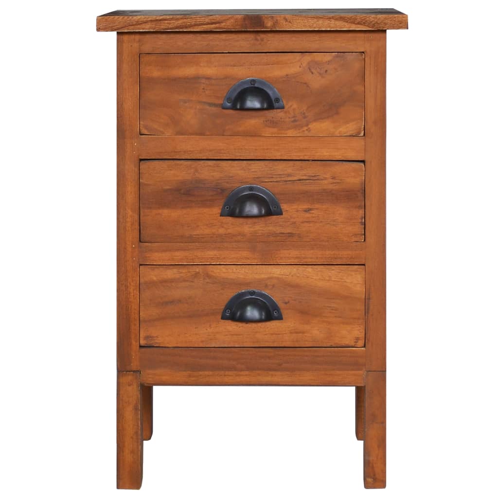 Affordable quality bedside cabinet 40x35x60 cm in solid teak wood with three drawers, finished shell handles, and mid-century modern design.