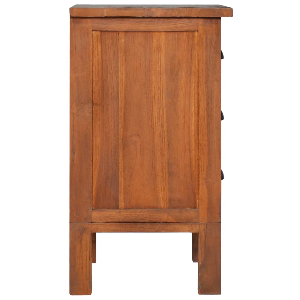 Side view of affordable mid-century modern bedside cabinet made of quality solid teak wood with three drawers and shell handles.