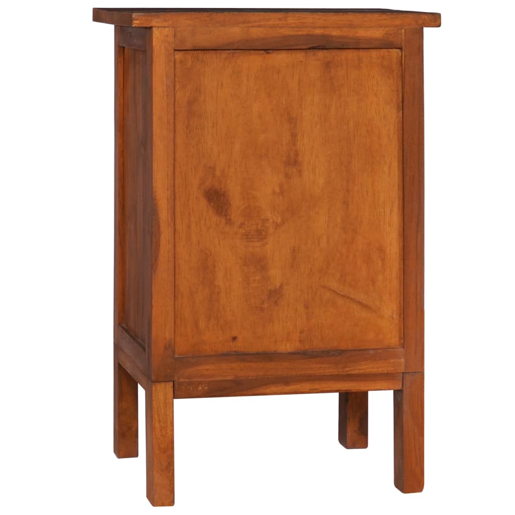 Affordable bedside cabinet 40x35x60 cm in solid teak wood with mid-century modern design, three drawers, and polished natural oil finish.