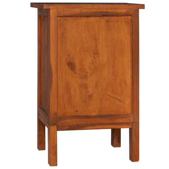 Affordable bedside cabinet 40x35x60 cm in solid teak wood with mid-century modern design, three drawers, and polished natural oil finish.