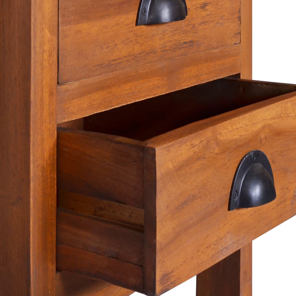 Close-up of an affordable and quality teak wood bedside cabinet with open drawers, showcasing retro shell handles and a smooth polished finish.