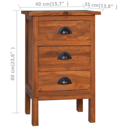 Affordable quality bedside cabinet 40x35x60 cm solid teak wood, mid-century modern design with three drawers and retro shell handles.