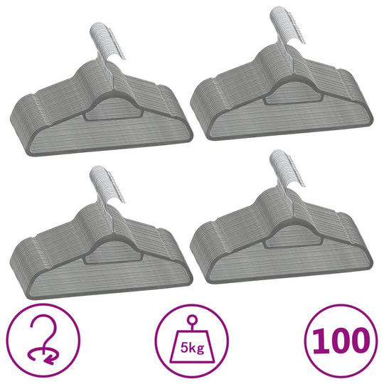 Affordable 100 pcs grey velvet clothes hanger set with anti-slip design, rotatable hook, and grooves for secure clothing storage.