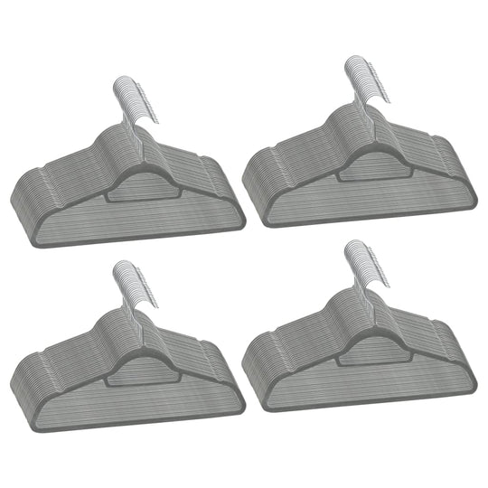 Affordable 100 pcs grey velvet clothes hanger set, sturdy and quality design with anti-slip grooves and rotatable hooks.