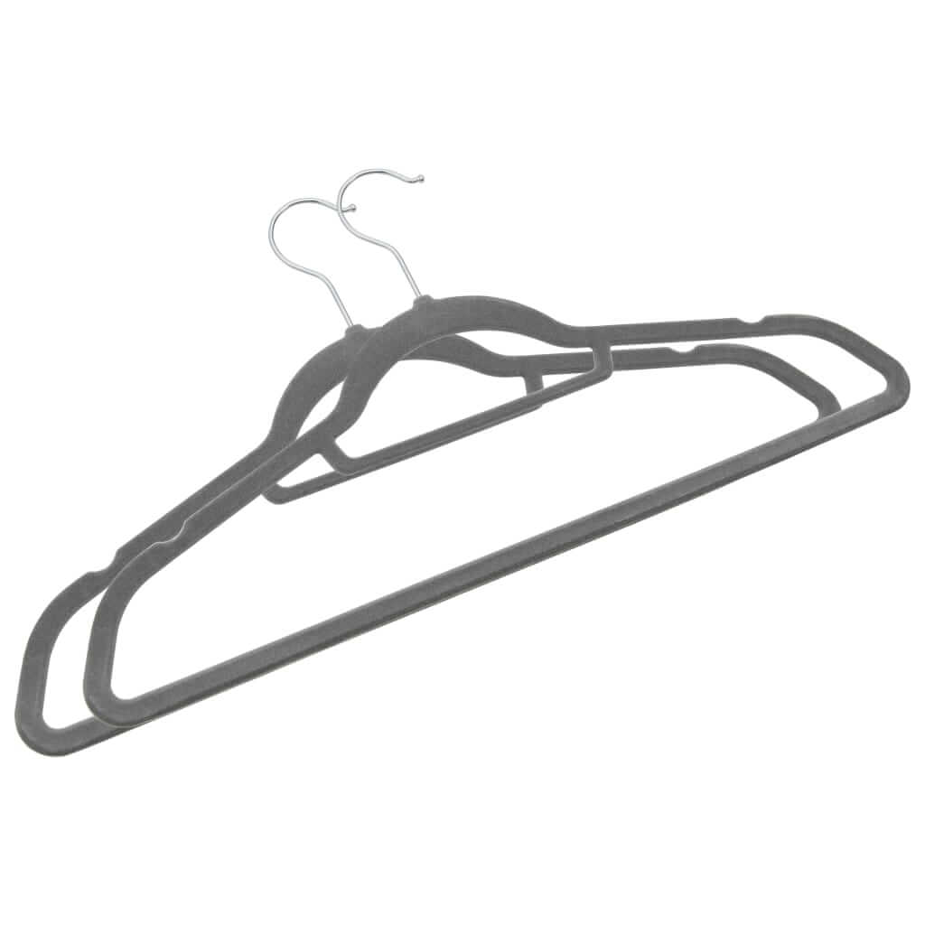 Affordable grey velvet clothes hanger set with anti-slip design, durable plastic and metal, 360-degree rotatable hooks for quality organization.