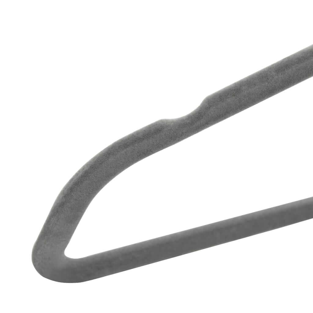 Close-up of grey velvet anti-slip clothes hanger showcasing smooth coating and groove design for secure clothing hold.