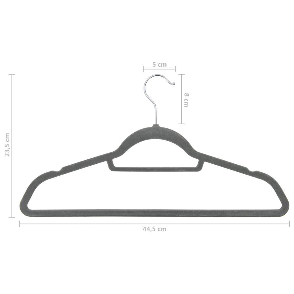 Grey velvet anti-slip clothes hanger with dimensions, featuring 360-degree rotatable hook and grooves to prevent slipping. Affordable and quality set.