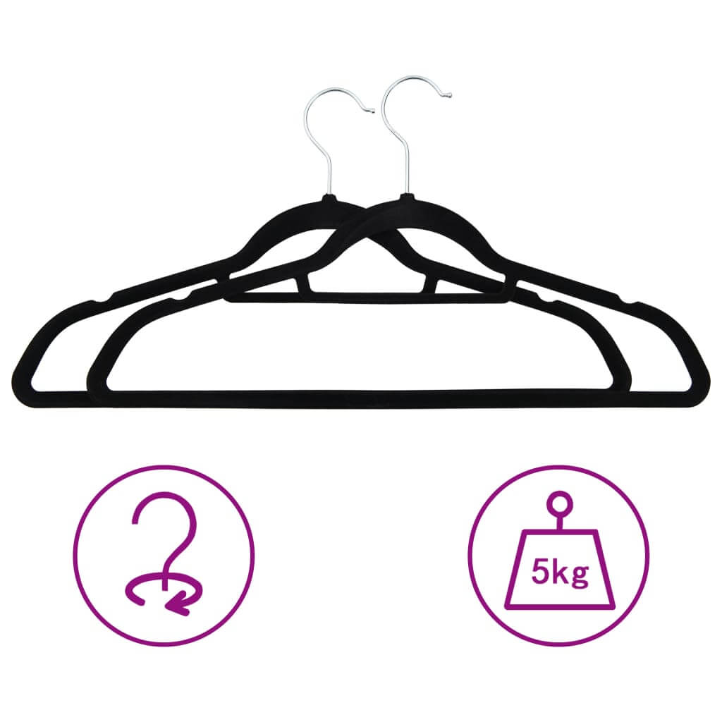 Affordable black velvet clothes hangers set with anti-slip design and 360-degree rotatable hook, supports up to 5kg.