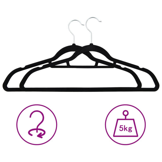 Affordable black velvet clothes hangers set with anti-slip design and 360-degree rotatable hook, supports up to 5kg.