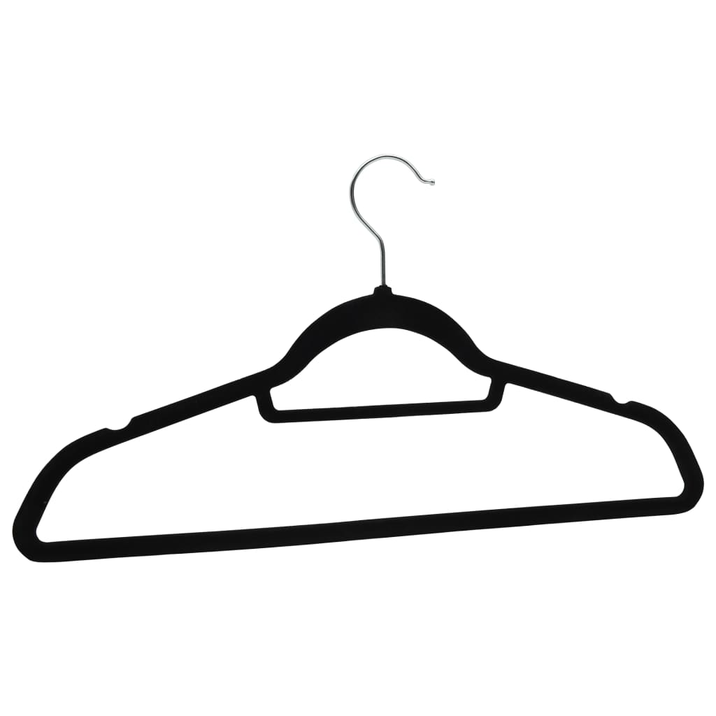 Black velvet clothes hanger with metal hook, featuring anti-slip design and grooves for secure clothing storage, affordable and quality set.