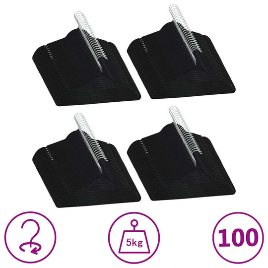 100 pcs black velvet anti-slip clothes hanger set, affordable and quality, durable plastic and metal with rotatable hooks and grooves.