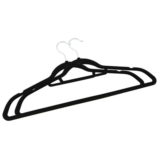 Affordable quality black velvet clothes hanger with anti-slip grooves and rotatable hook for versatile organization.