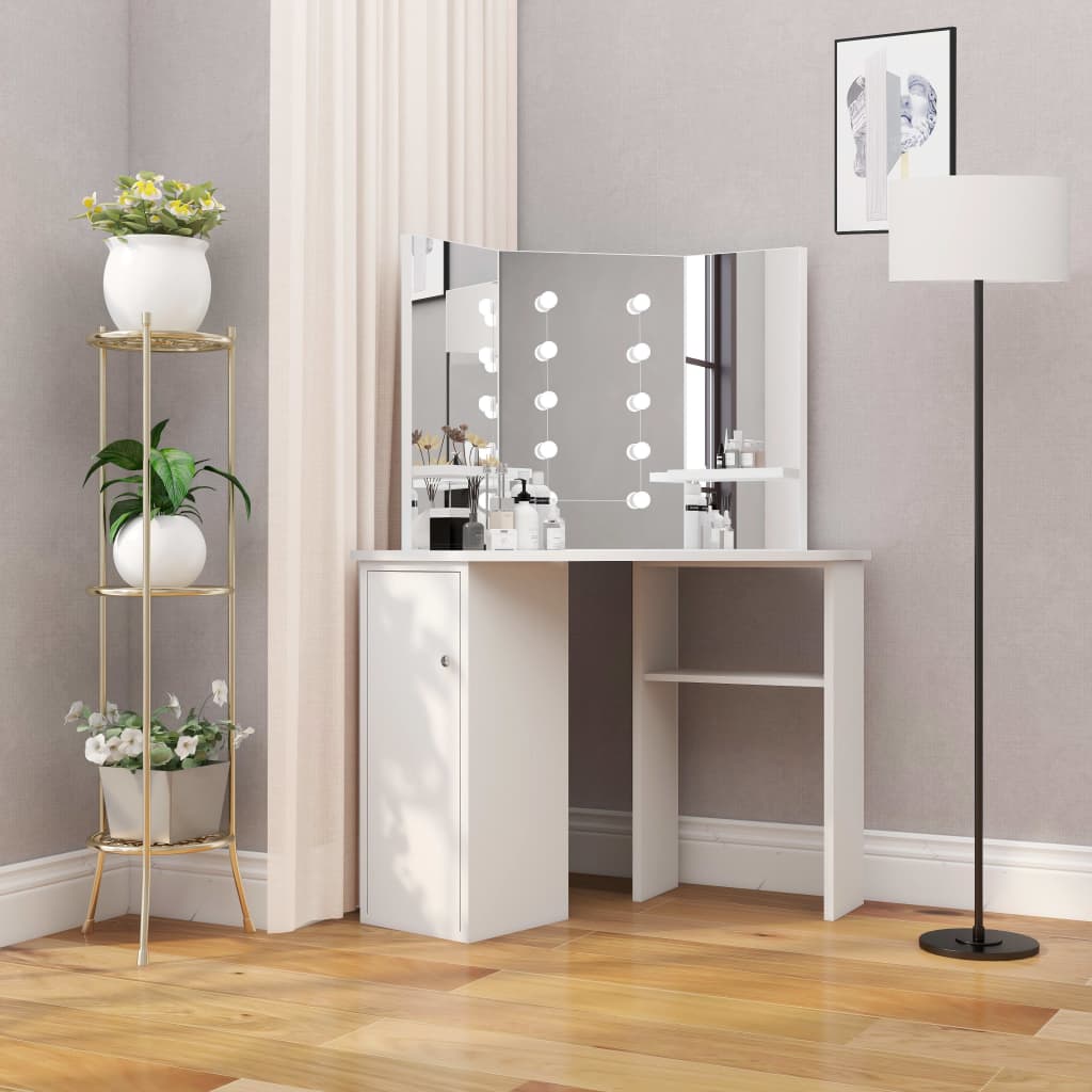 Corner Dressing Table Make-up Table with LED Light White