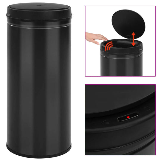 Black 80L automatic sensor dustbin made of carbon steel with touchless lid, offering affordable luxe quality for DIY needs.