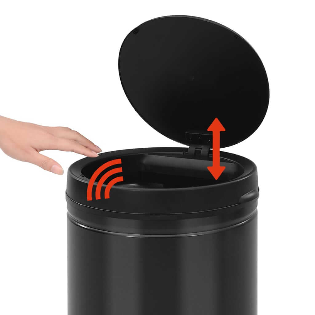 Automatic sensor dustbin 80L carbon steel black with opening lid, featuring touchless design. Affordable and quality luxe home solution.