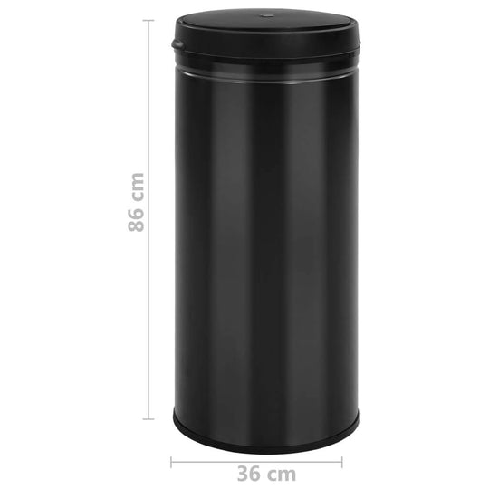 Black carbon steel automatic sensor dustbin, 80 L capacity, with dimensions 86 cm height and 36 cm width. Affordable and quality design.