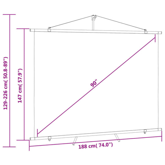 Diagram showing dimensions of a 90" projection screen with tripod, including height and width measurements in centimeters and inches.