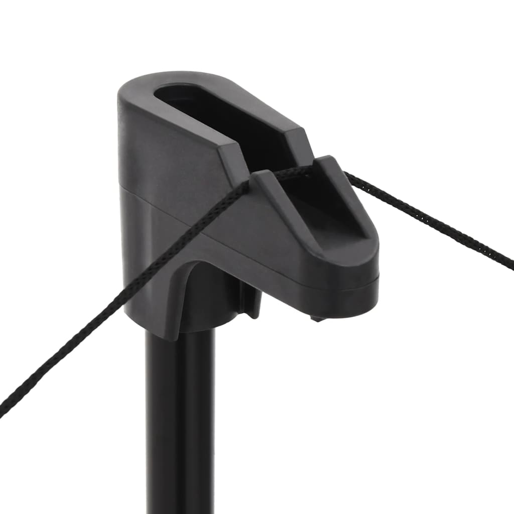 Close-up of a black tripod stand component for a projection screen with attached ropes.