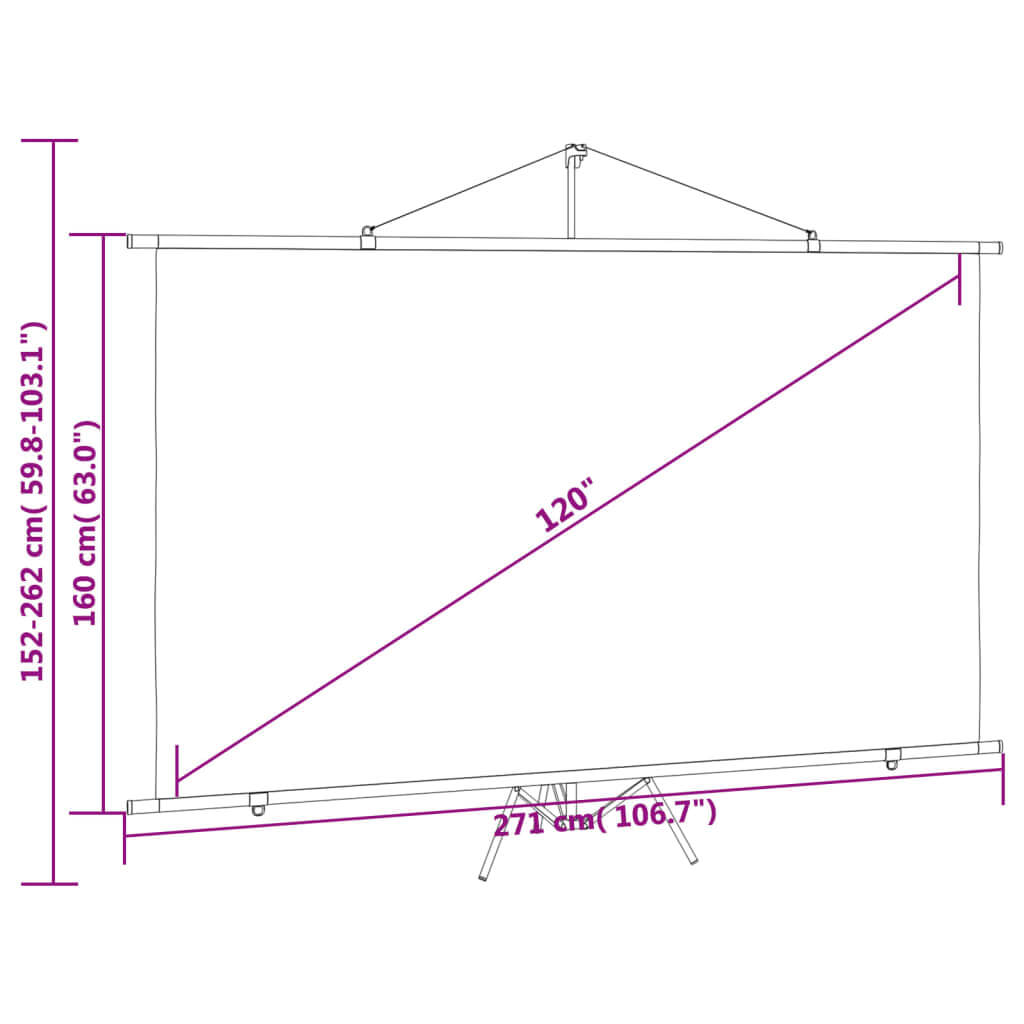 Diagram of 120" projection screen with adjustable tripod, 16:9 ratio. Measurements: 271 cm width, 160 cm height, ideal for home theater.