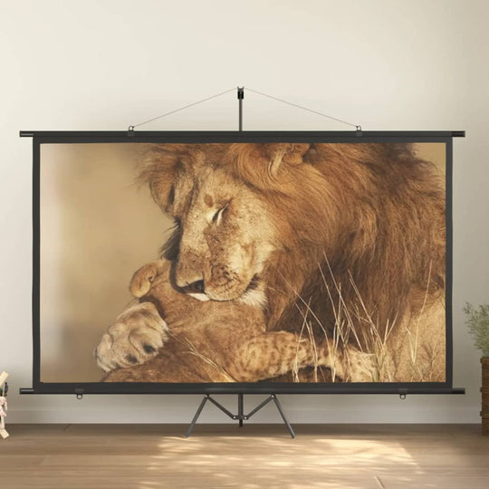 Projection screen with tripod displaying a serene lion and cub image, ideal for affordable luxe home theaters and DIY setups.