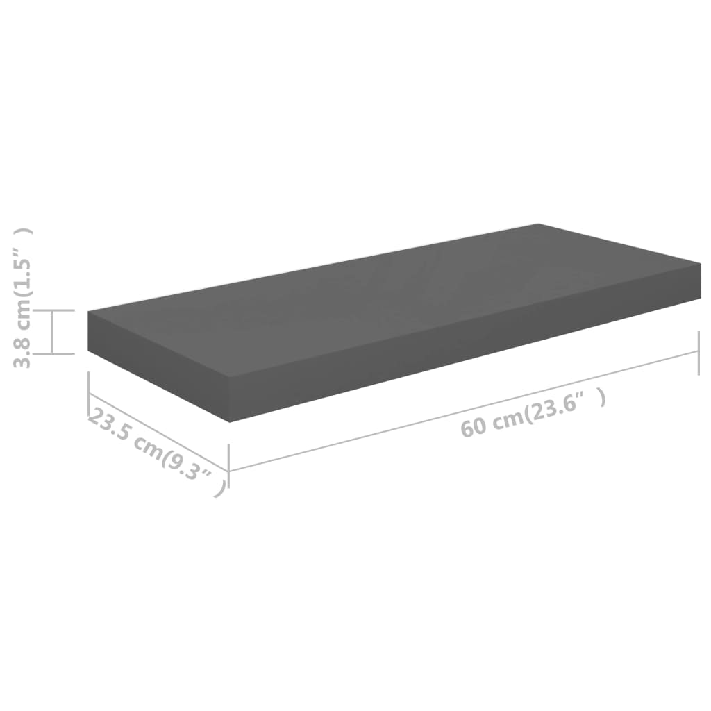 Floating Wall Shelf High Gloss Grey 60x23.5x3.8 cm MDF