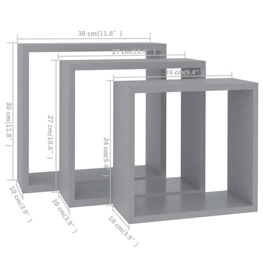 Wall Cube Shelves 3 pcs Grey MDF