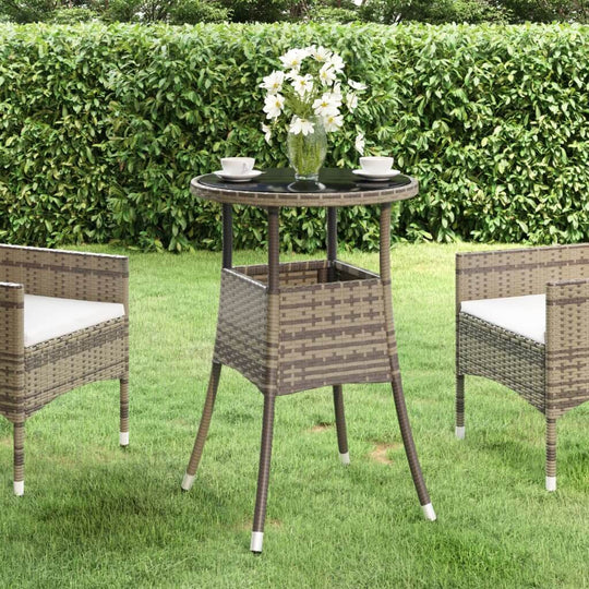 Garden Table Ø60x75 cm Tempered Glass and Poly Rattan Grey