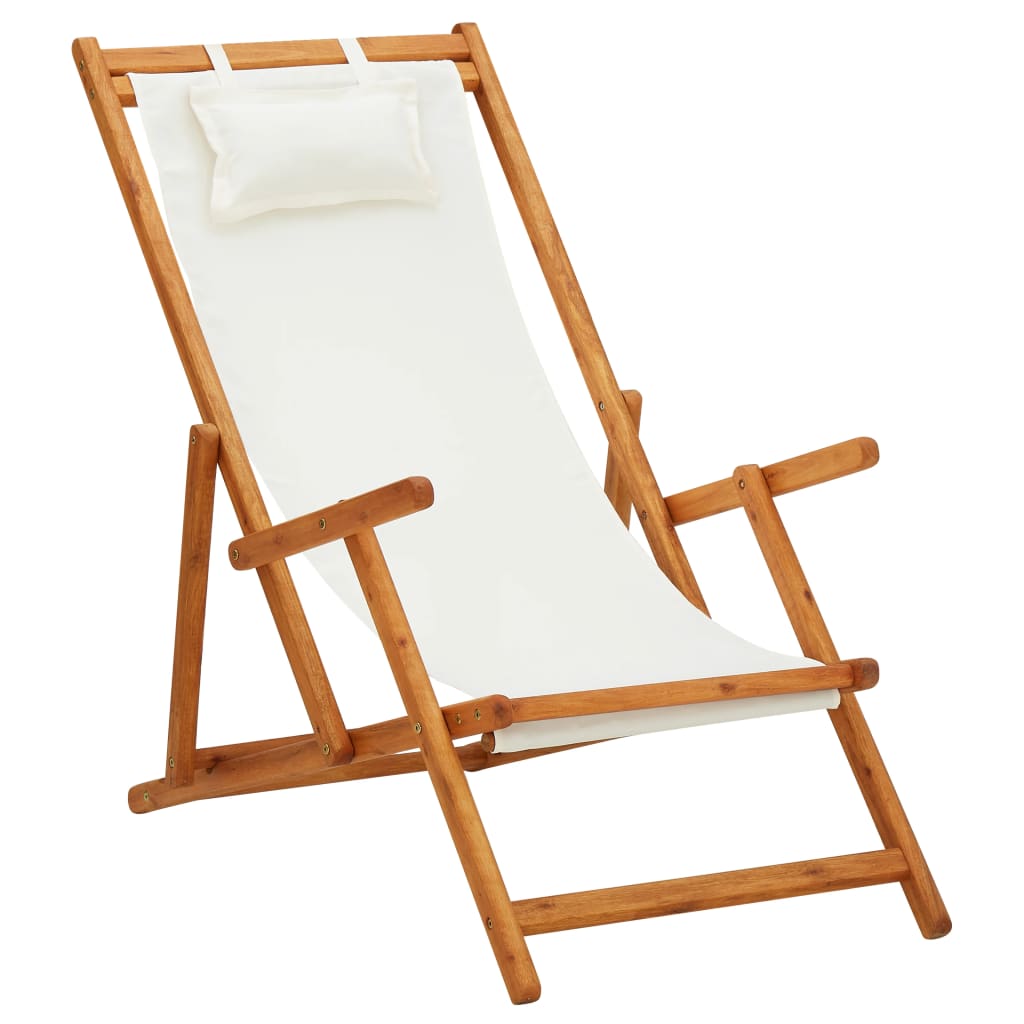 Folding Beach Chair Solid Eucalyptus Wood and Fabric Cream