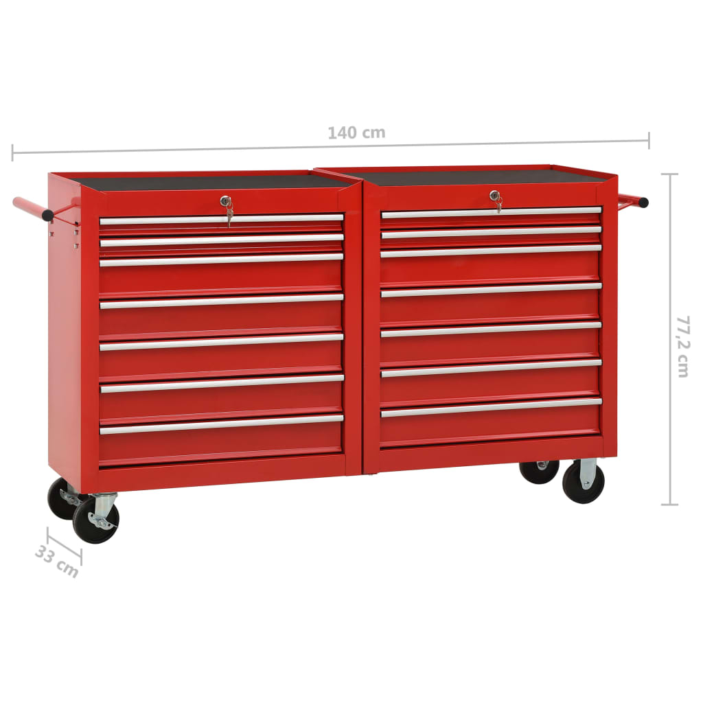 Tool Trolley with 14 Drawers Steel Red