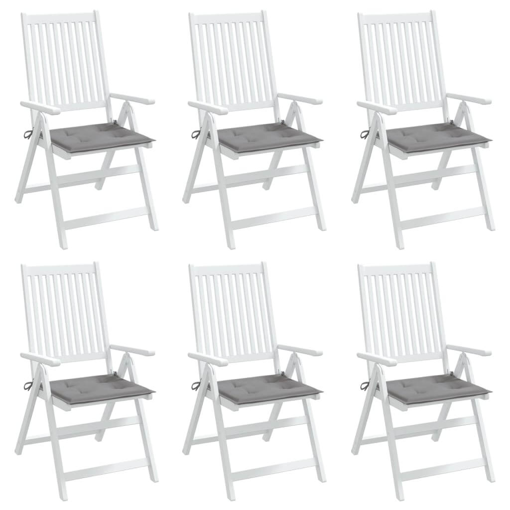 Six white garden chairs with grey cushions, Oxford fabric, 40x40x3 cm, ideal for outdoor use, highlighting affordable quality.