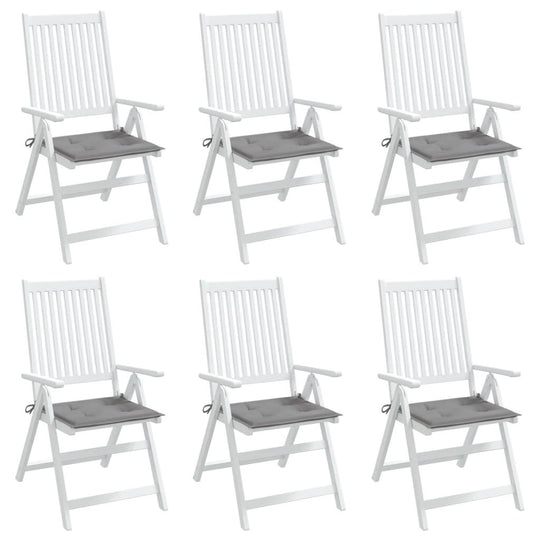 Six white garden chairs with grey cushions, Oxford fabric, 40x40x3 cm, ideal for outdoor use, highlighting affordable quality.