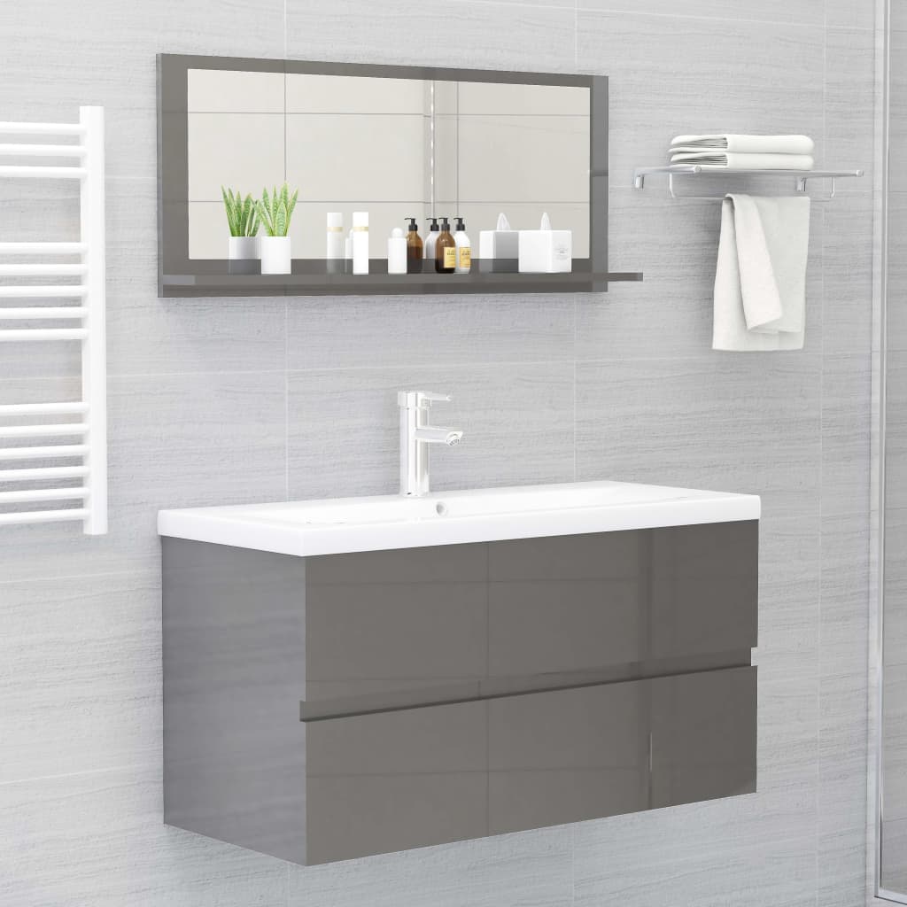 Bathroom Mirror High Gloss Grey 90x10.5x37 cm Engineered Wood