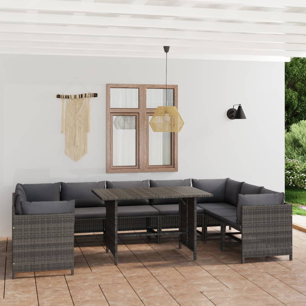 10 Piece Garden Lounge Set with Cushions Poly Rattan Grey