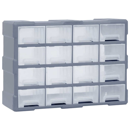 Affordable quality multi-drawer organiser with 16 drawers, perfect for storing tools and accessories, made from impact-resistant plastic.