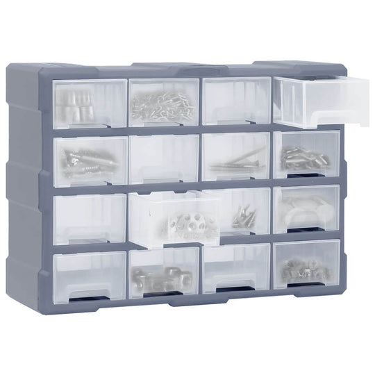 Multi-drawer organiser with 16 middle drawers for storing tools and accessories, made with impact-resistant plastic, affordable quality solution